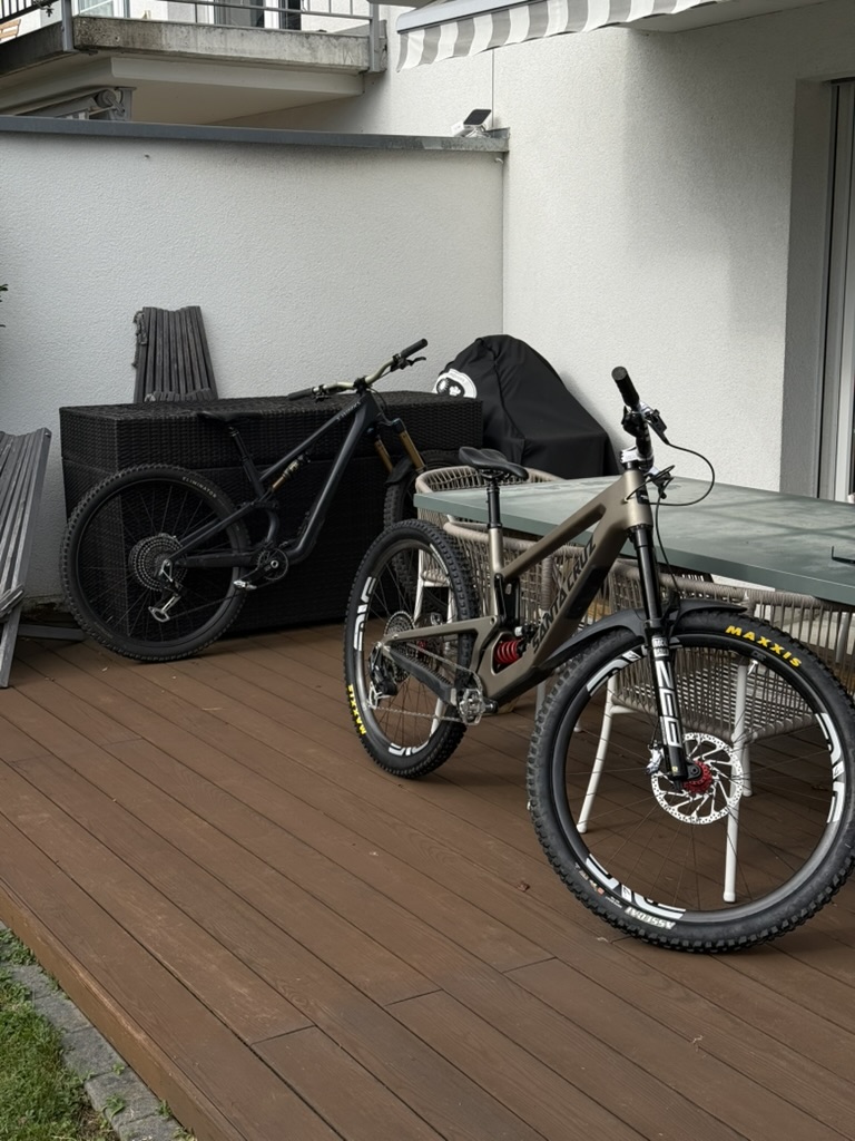 Two mountain bikes on a terrace